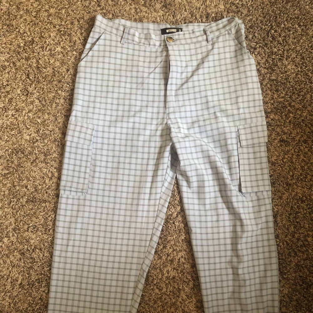 Plaid print pants,  cargo style, baby blue